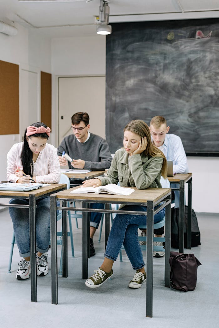 portfolio-01 A group of teenagers focusing on studies in a classroom with a blackboard.